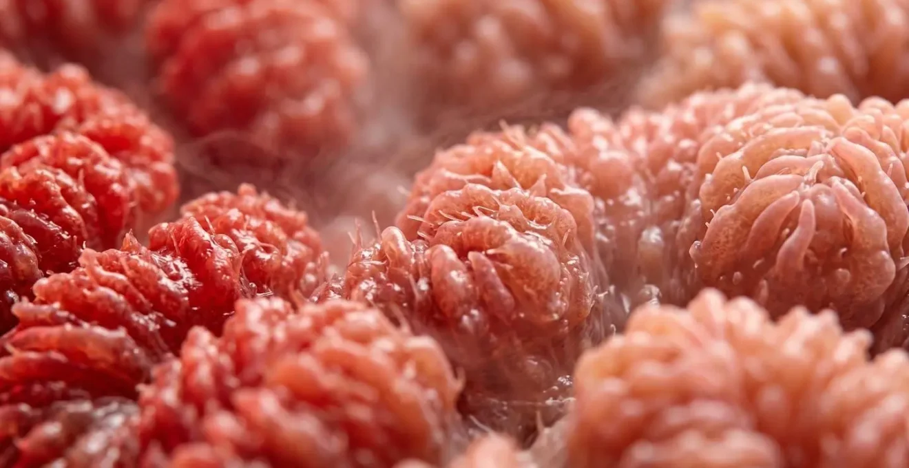 Representación abstracta del intestino con elementos visuales de inflamación y regeneración