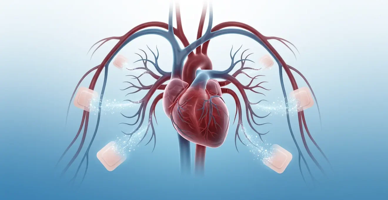 Visualización médica abstracta del sistema cardiovascular con representación conceptual de la nicotina terapéutica