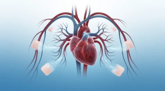 Visualización médica abstracta del sistema cardiovascular con representación conceptual de la nicotina terapéutica