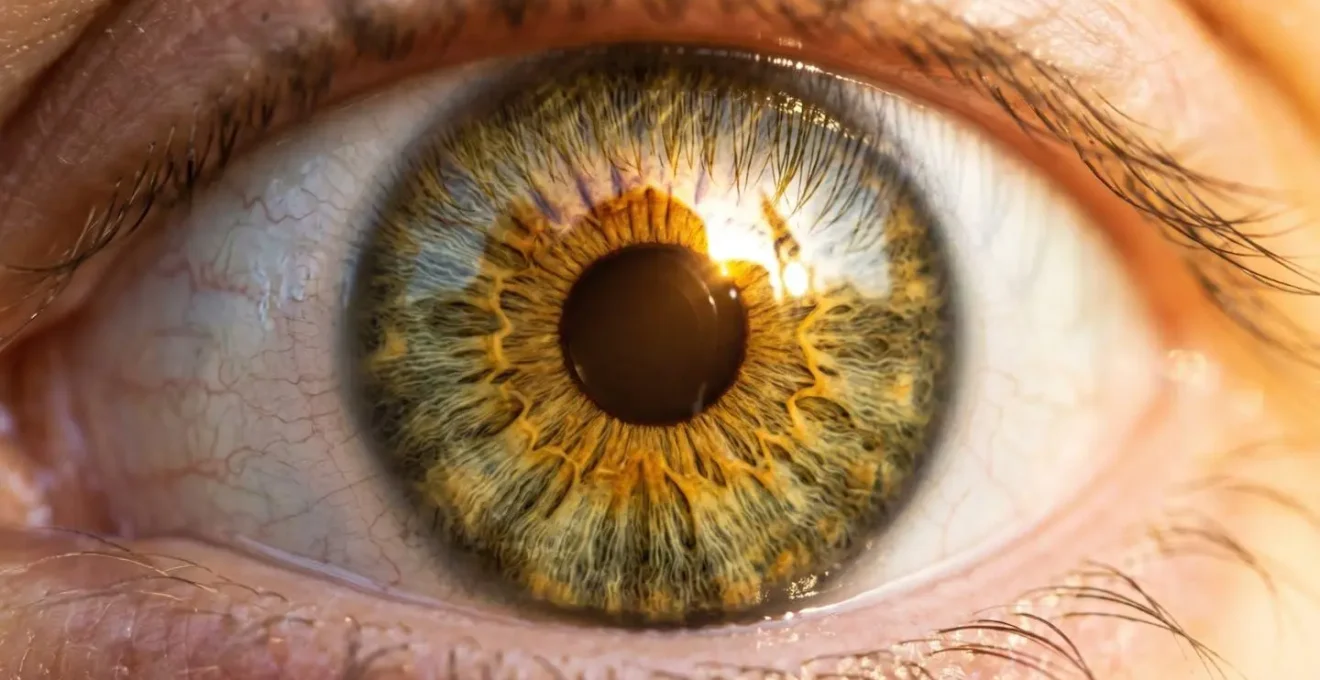 Vista macro del ojo humano captando luz solar dorada del amanecer