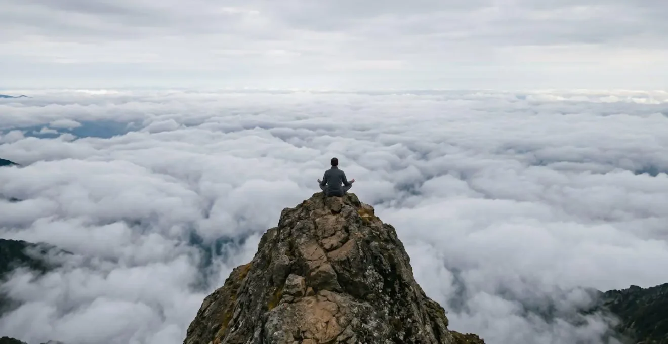 Vista aérea de persona sentada observando nubes desde montaña