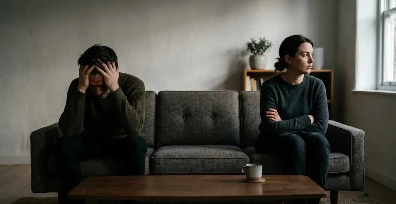 Pareja en tensión en ambiente doméstico con signos de irritabilidad