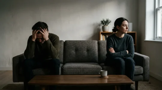 Pareja en tensión en ambiente doméstico con signos de irritabilidad