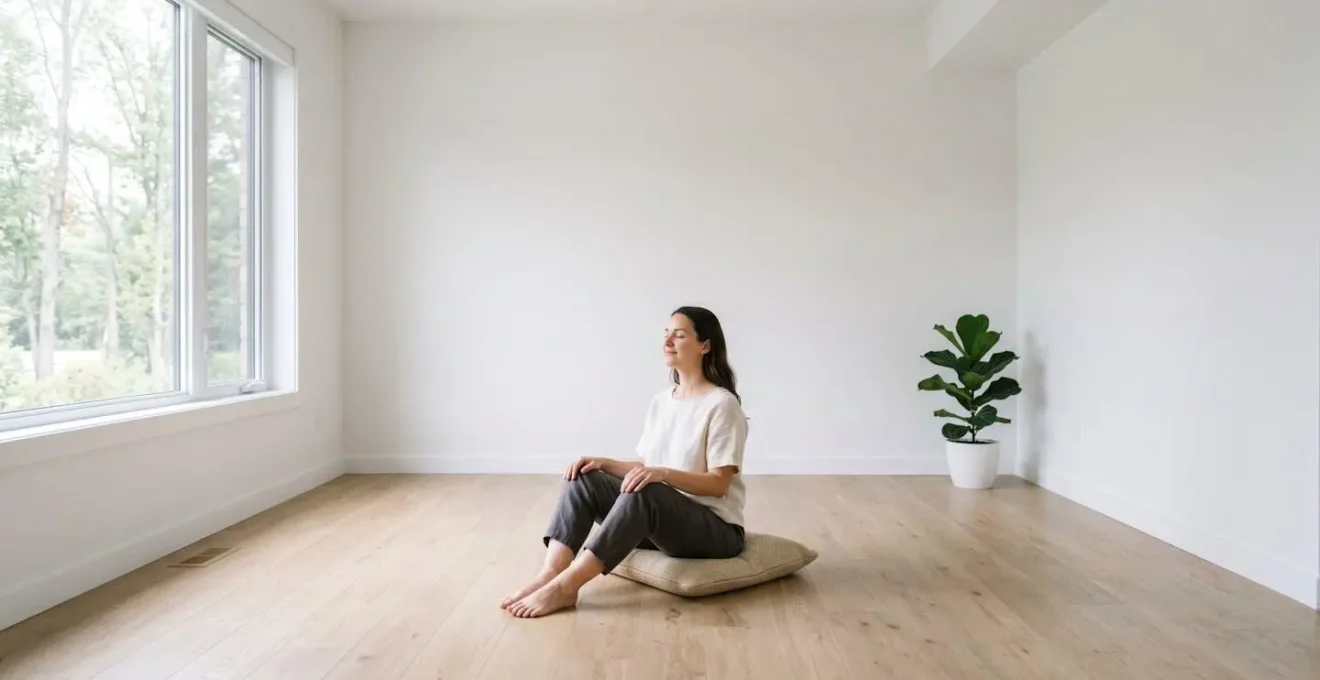 Vista amplia de persona relajada en espacio minimalista tras superar episodio de ansiedad