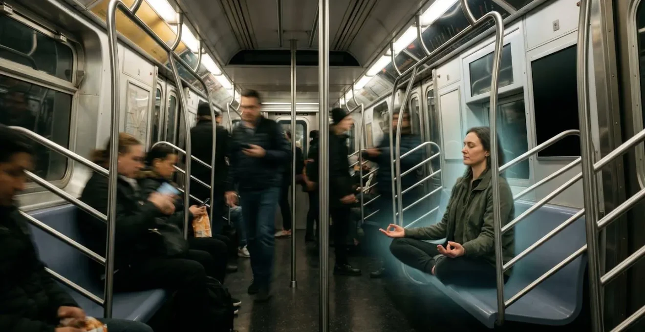 Persona practicando sofrología discretamente en transporte público