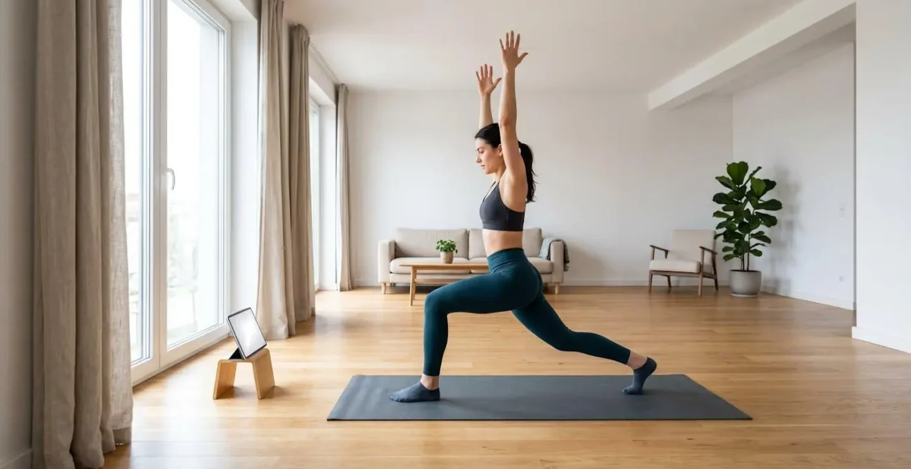 Vista amplia de salón con persona haciendo ejercicio siguiendo video, ambiente hogareño relajado