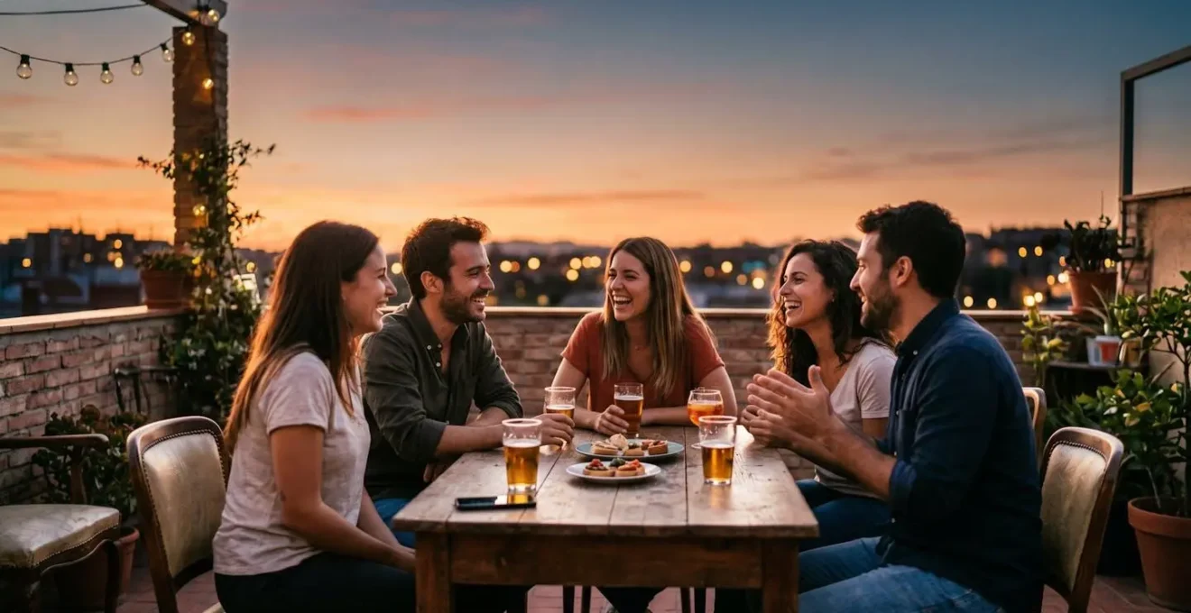 Grupo de amigos riendo en una terraza al atardecer sin cigarrillos visibles