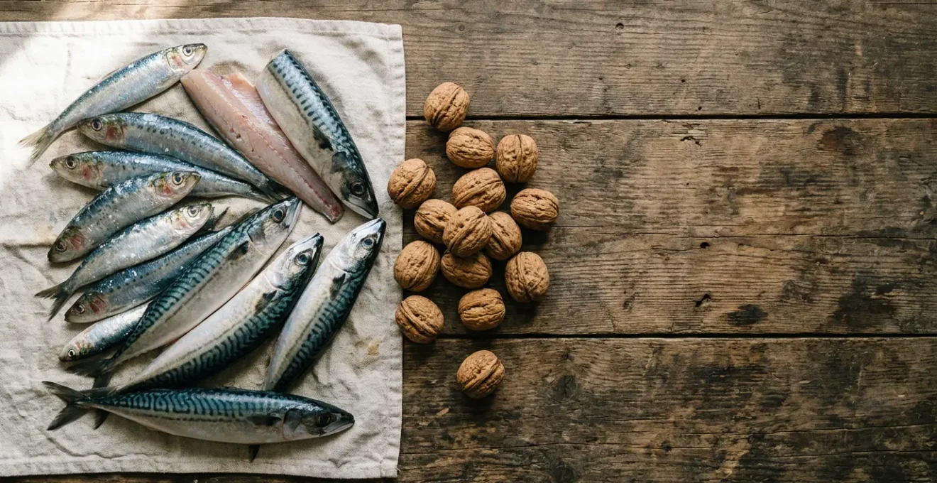 Composición de pescados azules frescos y frutos secos sobre mesa de madera con luz natural mediterránea