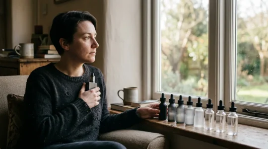 Persona contemplando un vapeador mientras visualiza su proceso gradual de reducción de nicotina