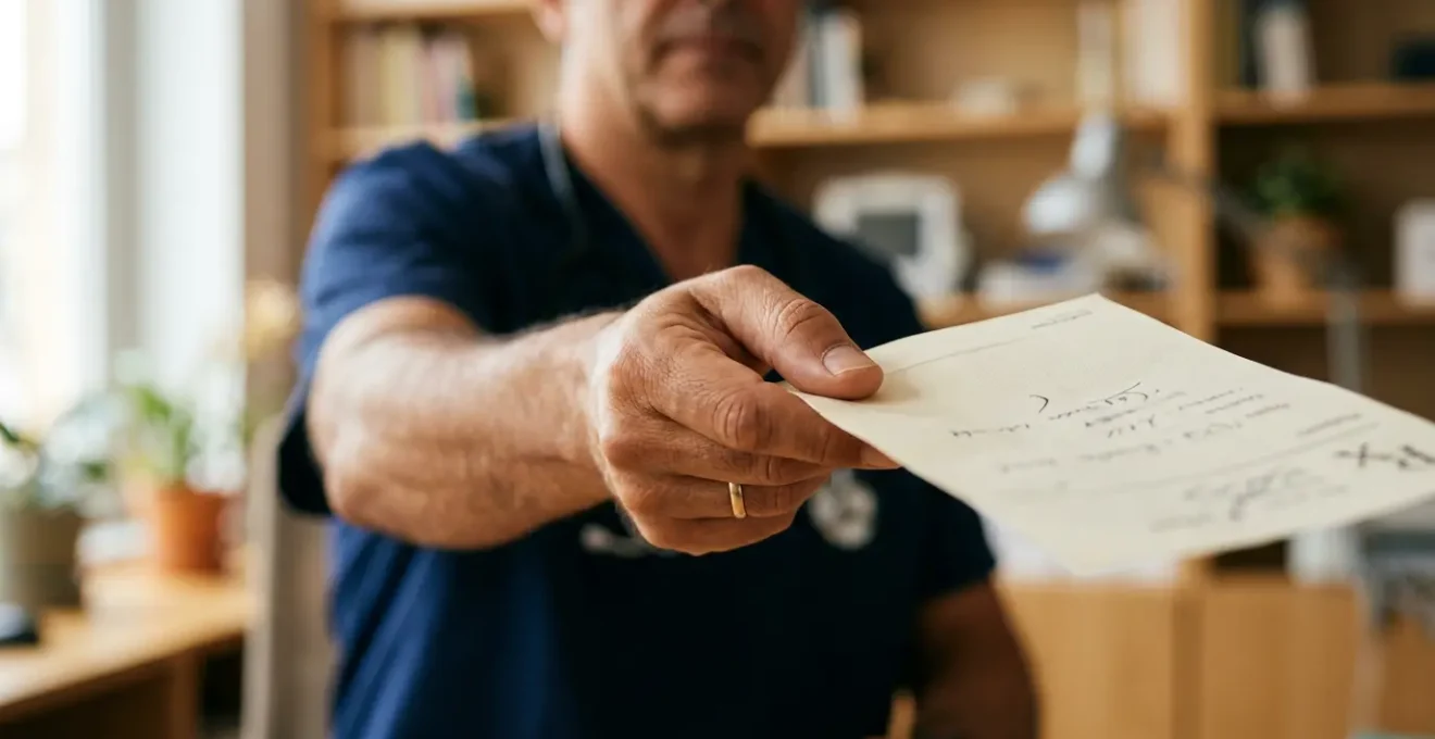 Mano de médico extendiendo receta médica con elementos antitabaco en primer plano y fondo borroso de consulta