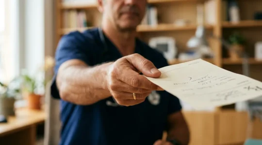 Mano de médico extendiendo receta médica con elementos antitabaco en primer plano y fondo borroso de consulta