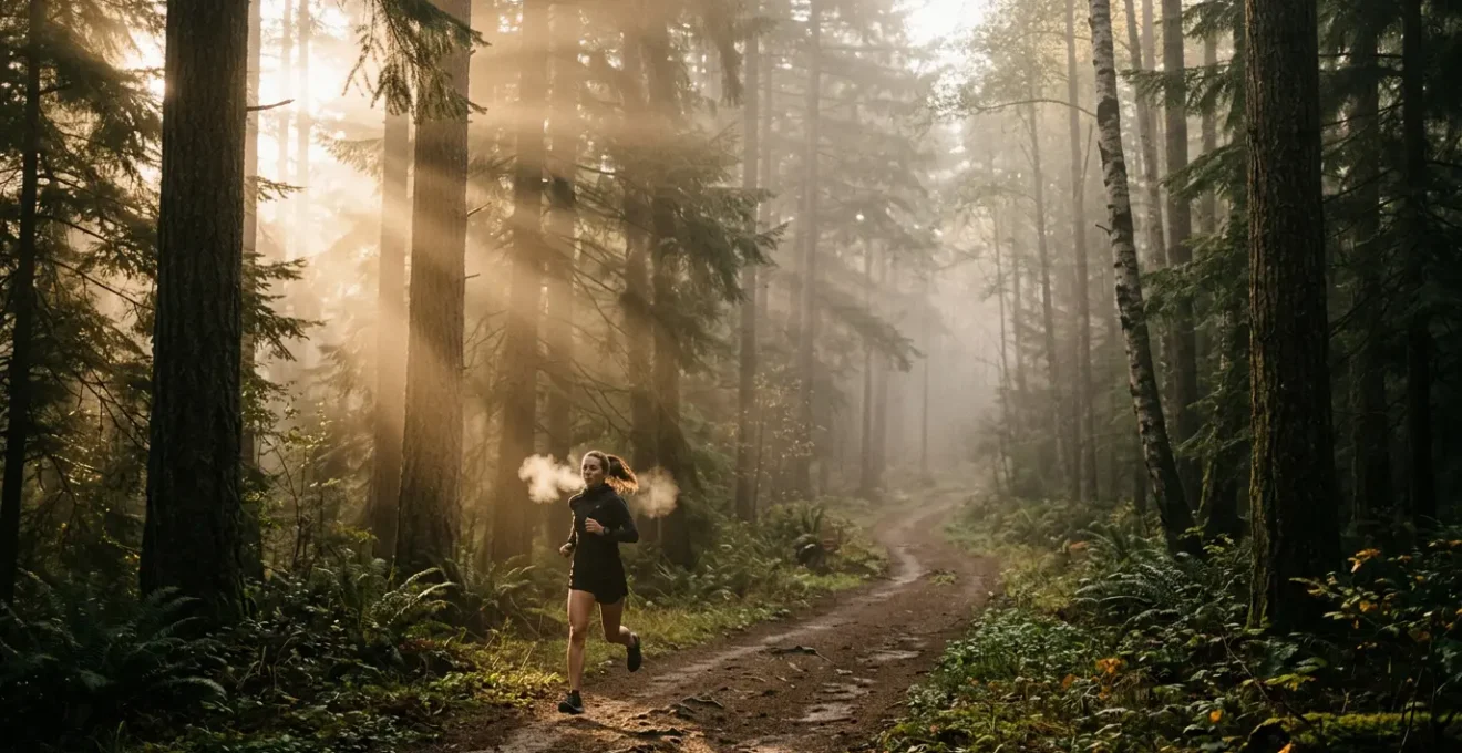 Corredor respirando profundamente en parque natural al amanecer