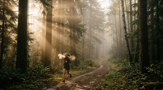 Corredor respirando profundamente en parque natural al amanecer