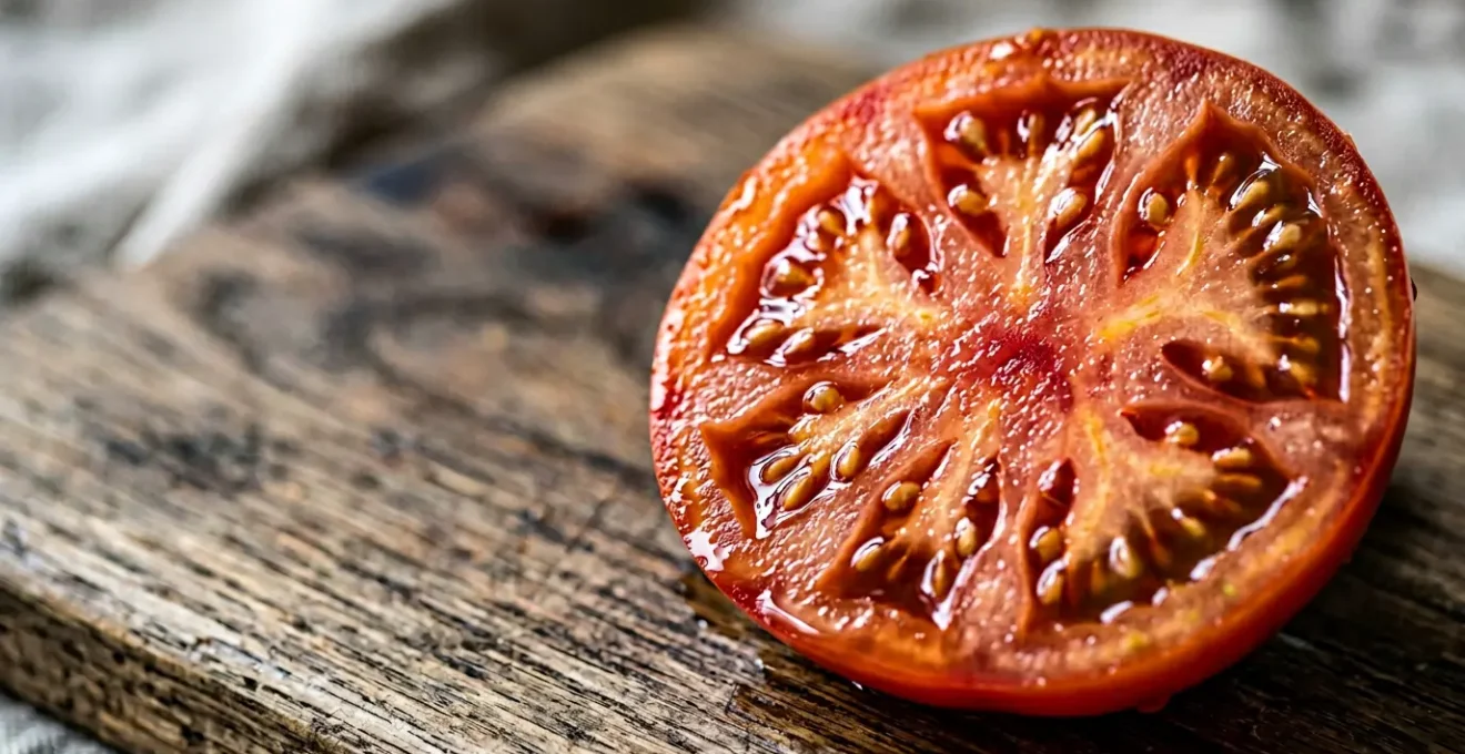 Primer plano de tomate maduro con gotas de rocío mostrando su textura natural