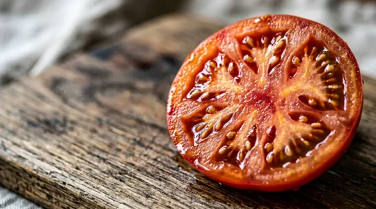 Primer plano de tomate maduro con gotas de rocío mostrando su textura natural