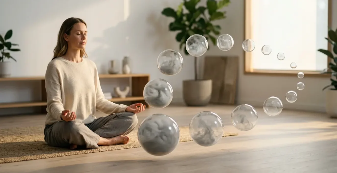 Persona relajada meditando con elementos simbólicos de reducción gradual de nicotina flotando y desvaneciéndose