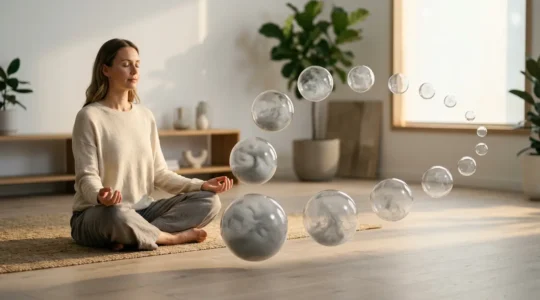 Persona relajada meditando con elementos simbólicos de reducción gradual de nicotina flotando y desvaneciéndose