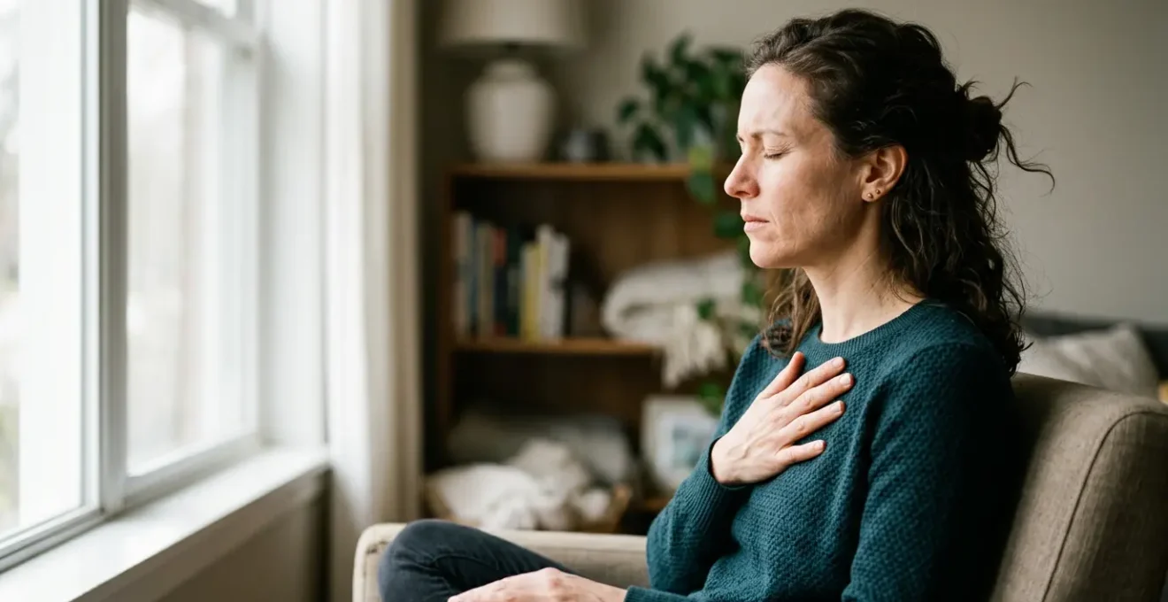 Persona en momento de control respiratorio profundo superando impulso de fumar