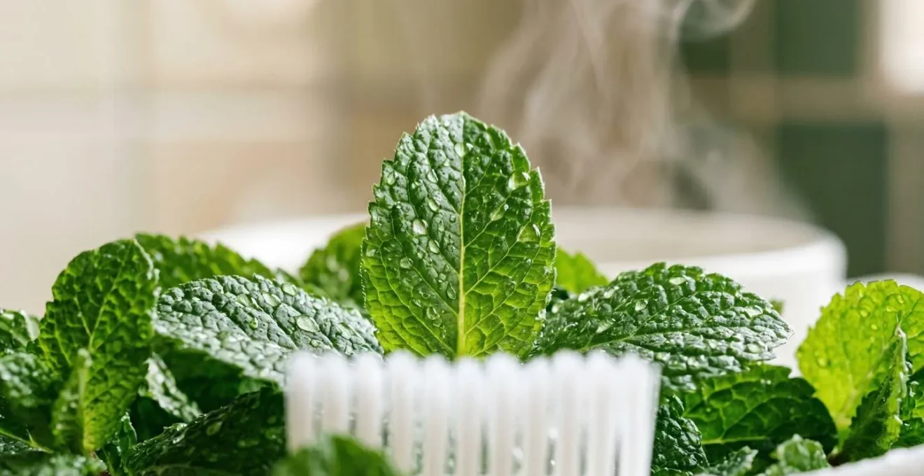 Primer plano de elementos de higiene bucal con menta fresca y sensación de limpieza
