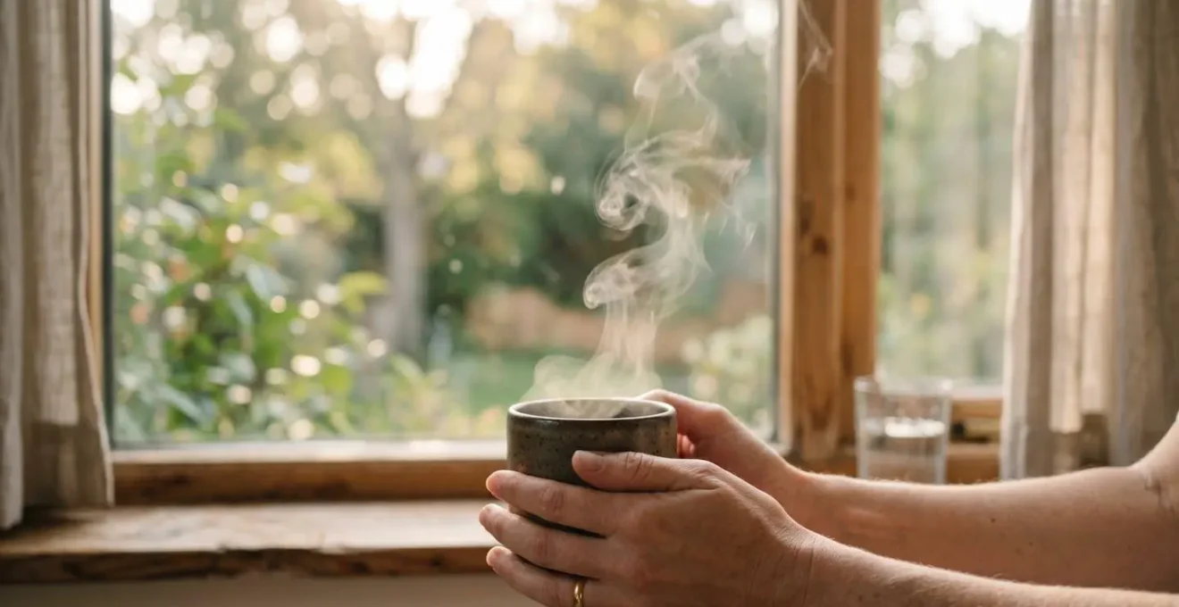 Manos sosteniendo taza humeante con vapor aromático ascendente