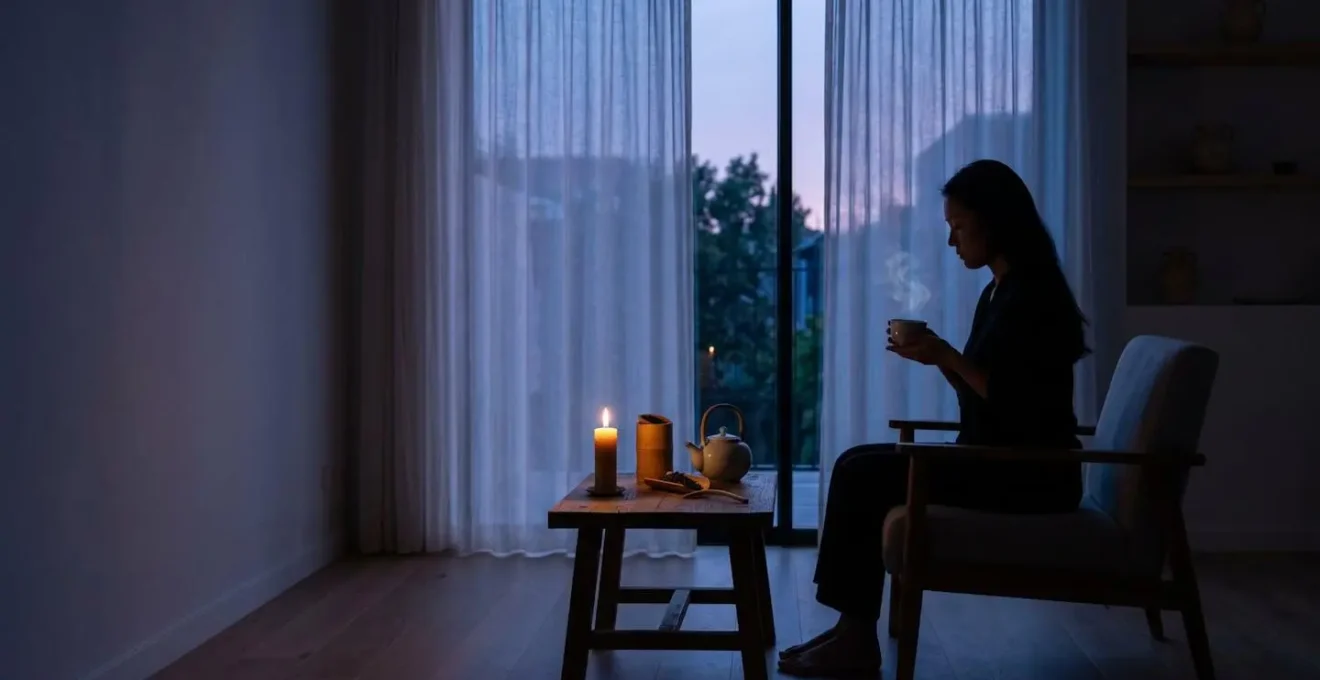 Escena minimalista de ritual de té nocturno con ambiente relajante para sustituir el último cigarro