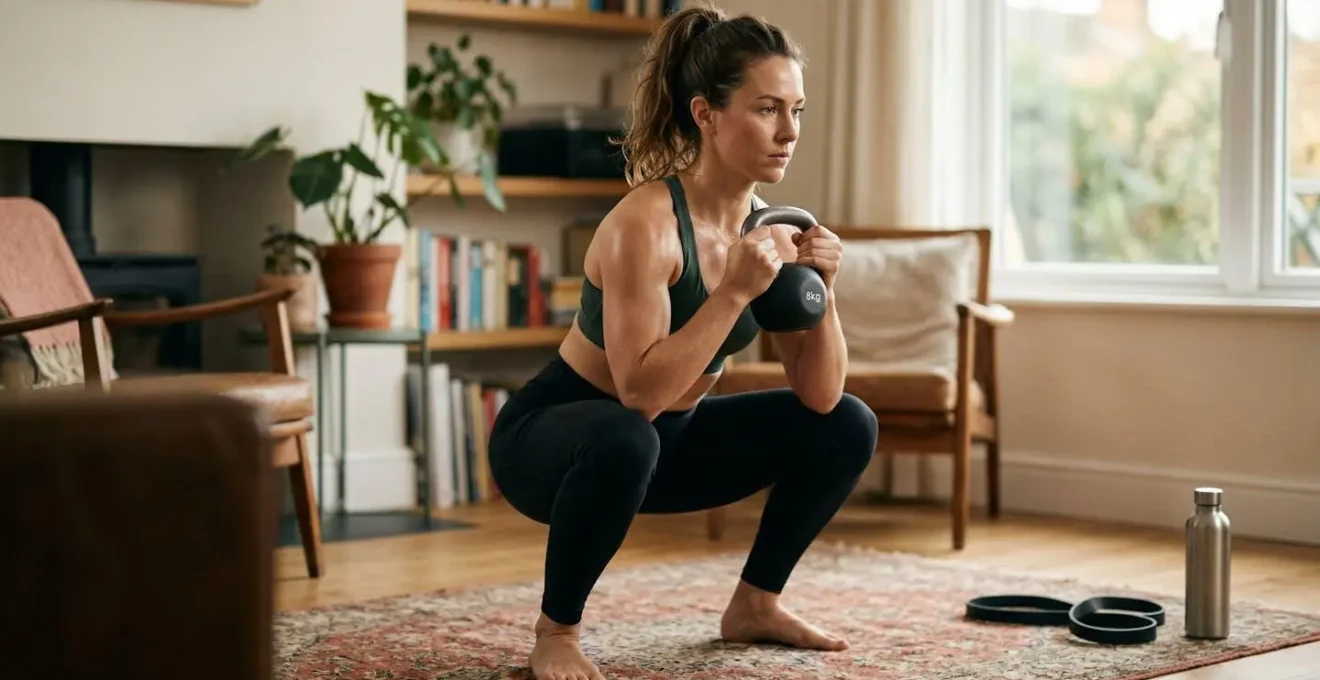 Persona realizando sentadillas en sala de estar con luz natural, expresión de determinación y calma