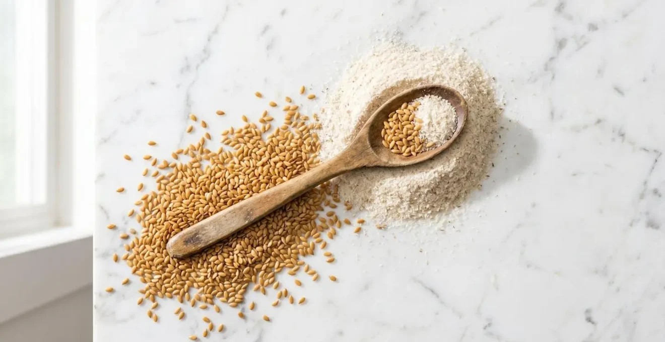 Detalle macro de semillas de lino doradas y polvo de psyllium sobre una superficie de mármol blanco.