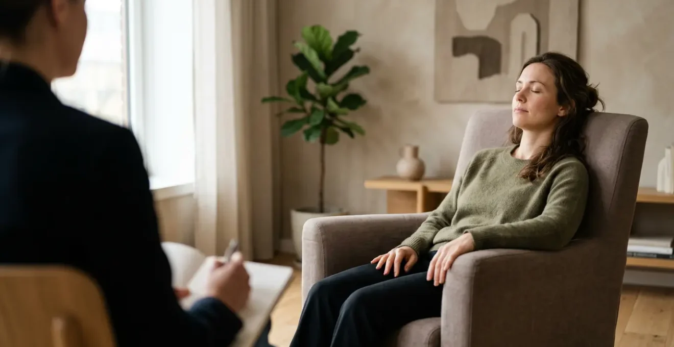 Sesión de hipnoterapia clínica profesional para dejar de fumar en consultorio moderno