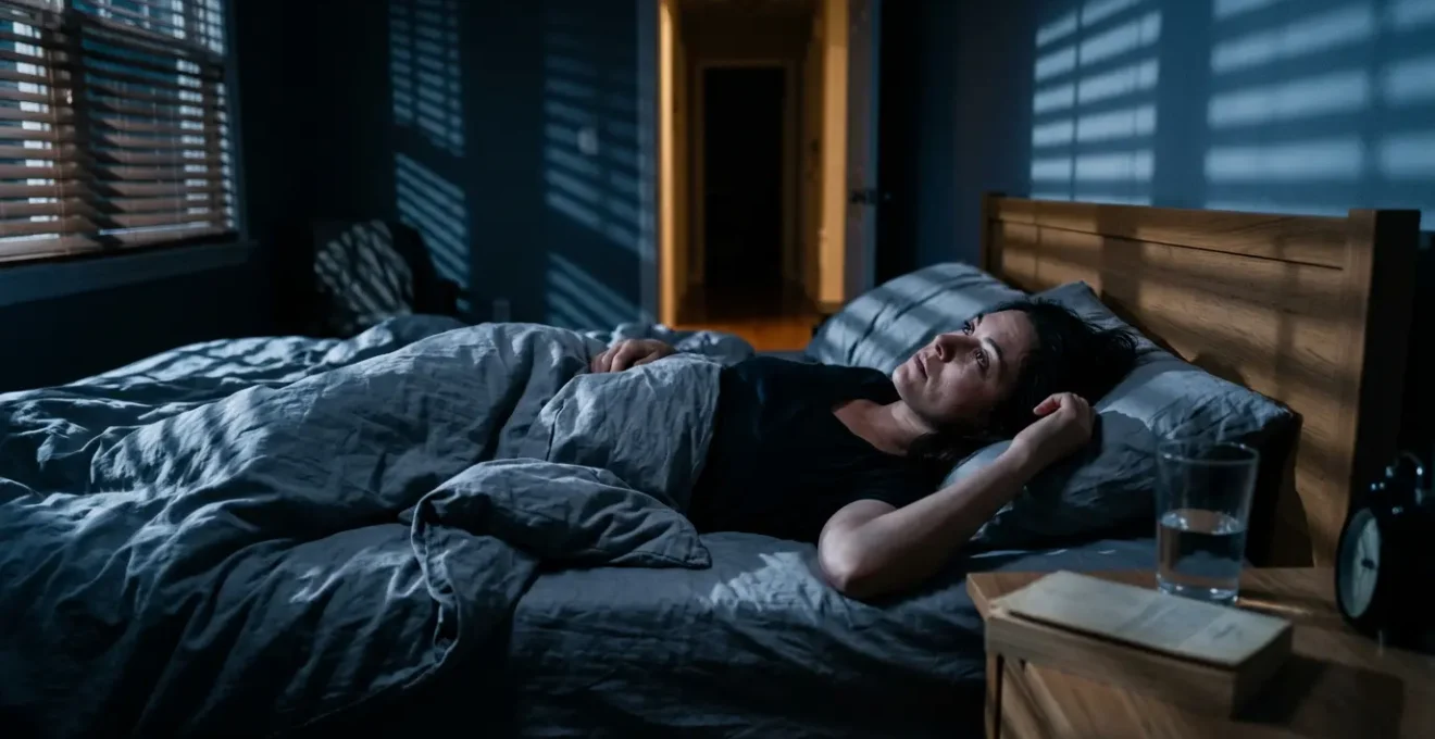 Persona recostada en cama mirando el techo con expresión de insomnio durante la noche