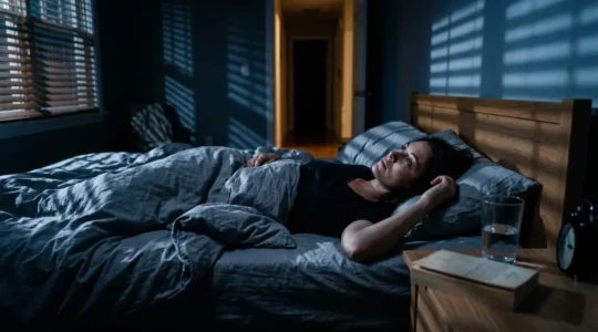 Persona recostada en cama mirando el techo con expresión de insomnio durante la noche