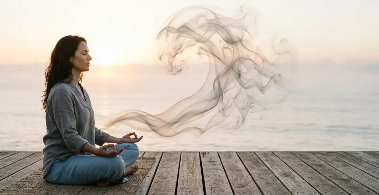 Persona meditando frente a una ola abstracta de humo que se disuelve en el aire