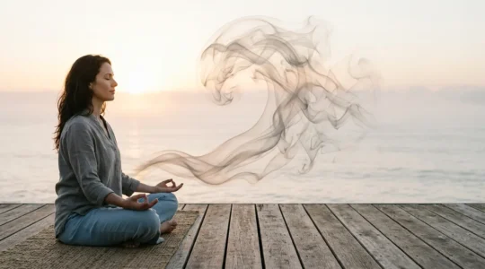 Persona meditando frente a una ola abstracta de humo que se disuelve en el aire