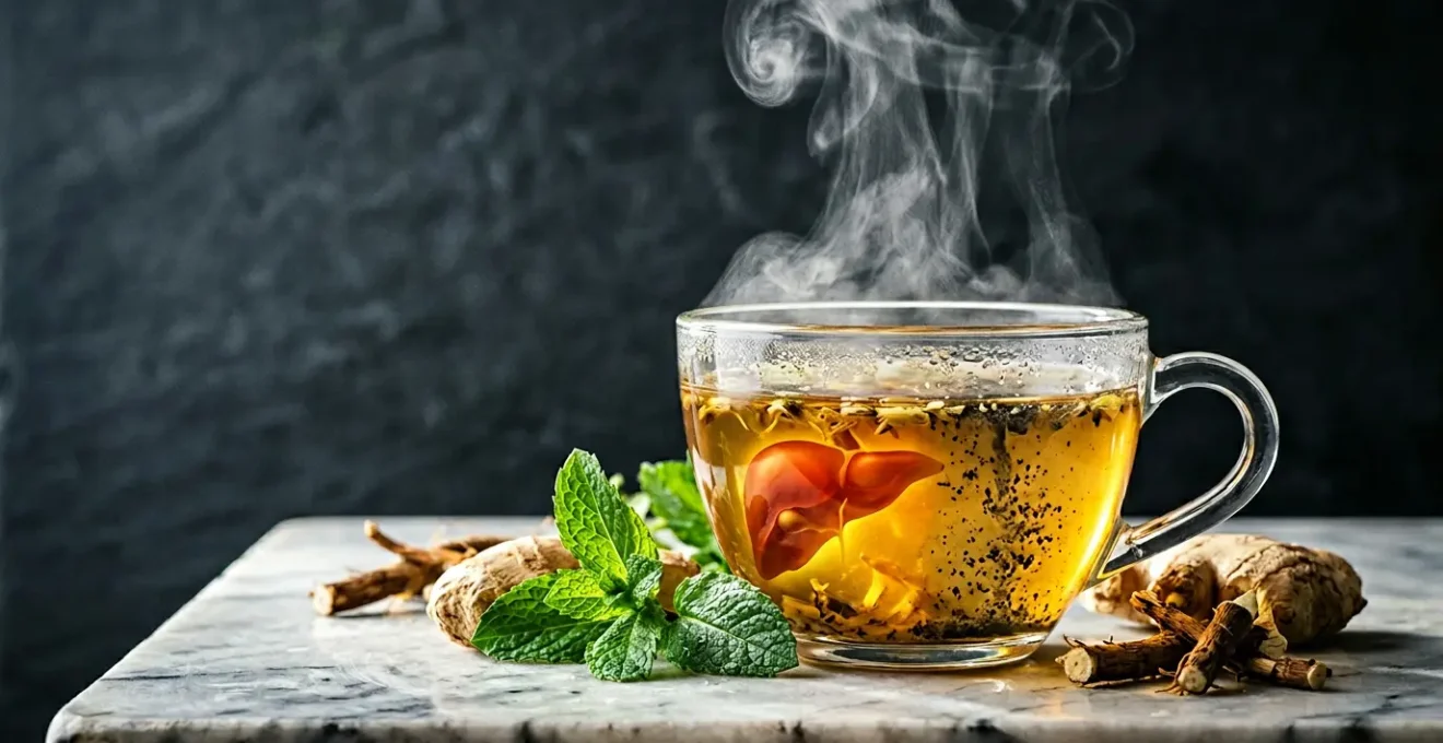 Infusión de hierbas en taza de vidrio con hojas verdes y vapor, representando la verdad sobre tés detox para eliminar nicotina