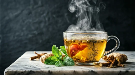 Infusión de hierbas en taza de vidrio con hojas verdes y vapor, representando la verdad sobre tés detox para eliminar nicotina