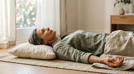 Persona practicando técnica de relajación muscular de Jacobson en ambiente tranquilo