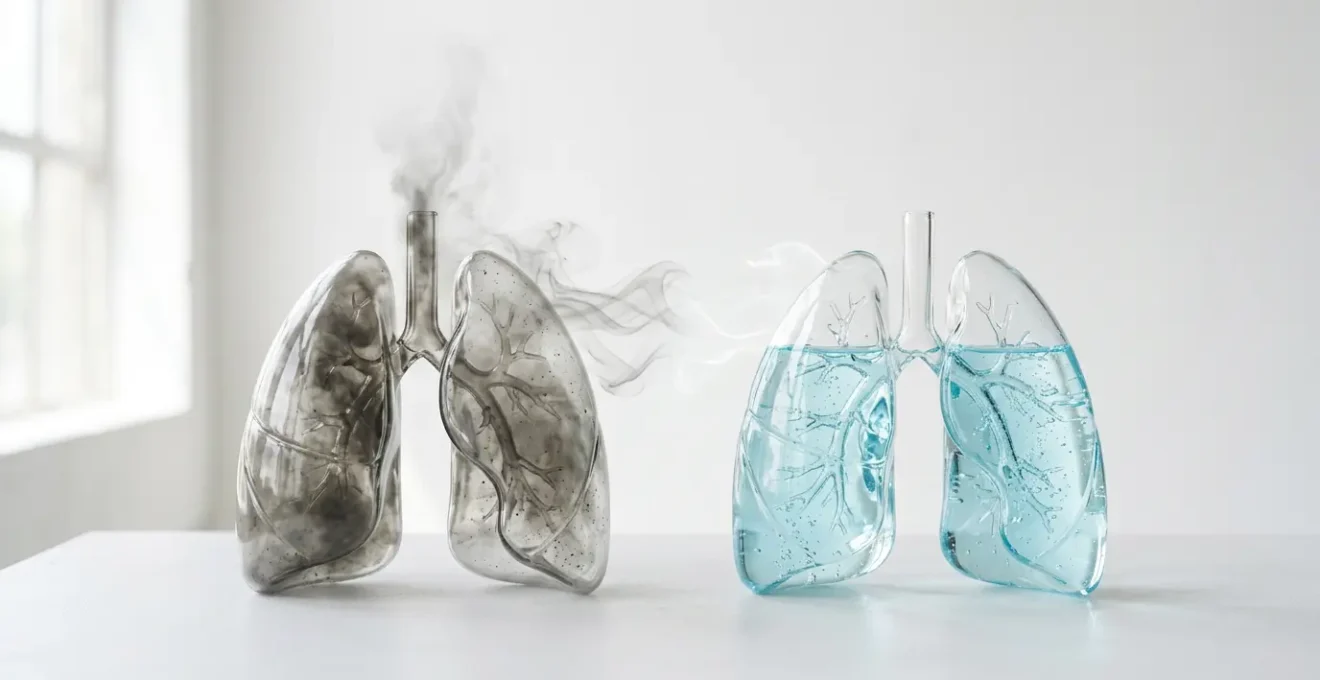 Comparación visual de pulmones en proceso de renovación tras dejar de fumar mediante técnicas de respiración