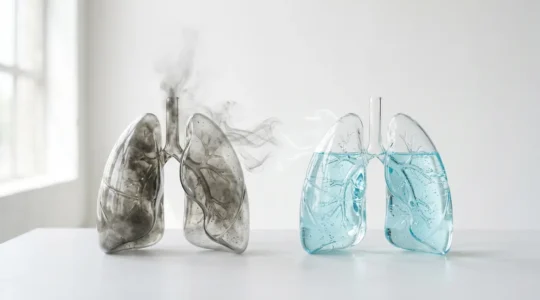 Comparación visual de pulmones en proceso de renovación tras dejar de fumar mediante técnicas de respiración