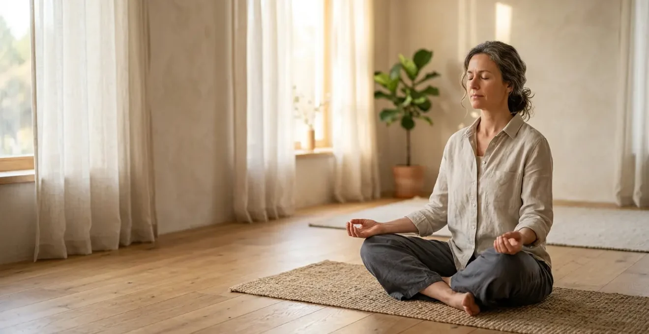 Persona meditando en pose de yoga con luz dorada natural en un ambiente sereno y minimalista