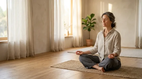 Persona meditando en pose de yoga con luz dorada natural en un ambiente sereno y minimalista