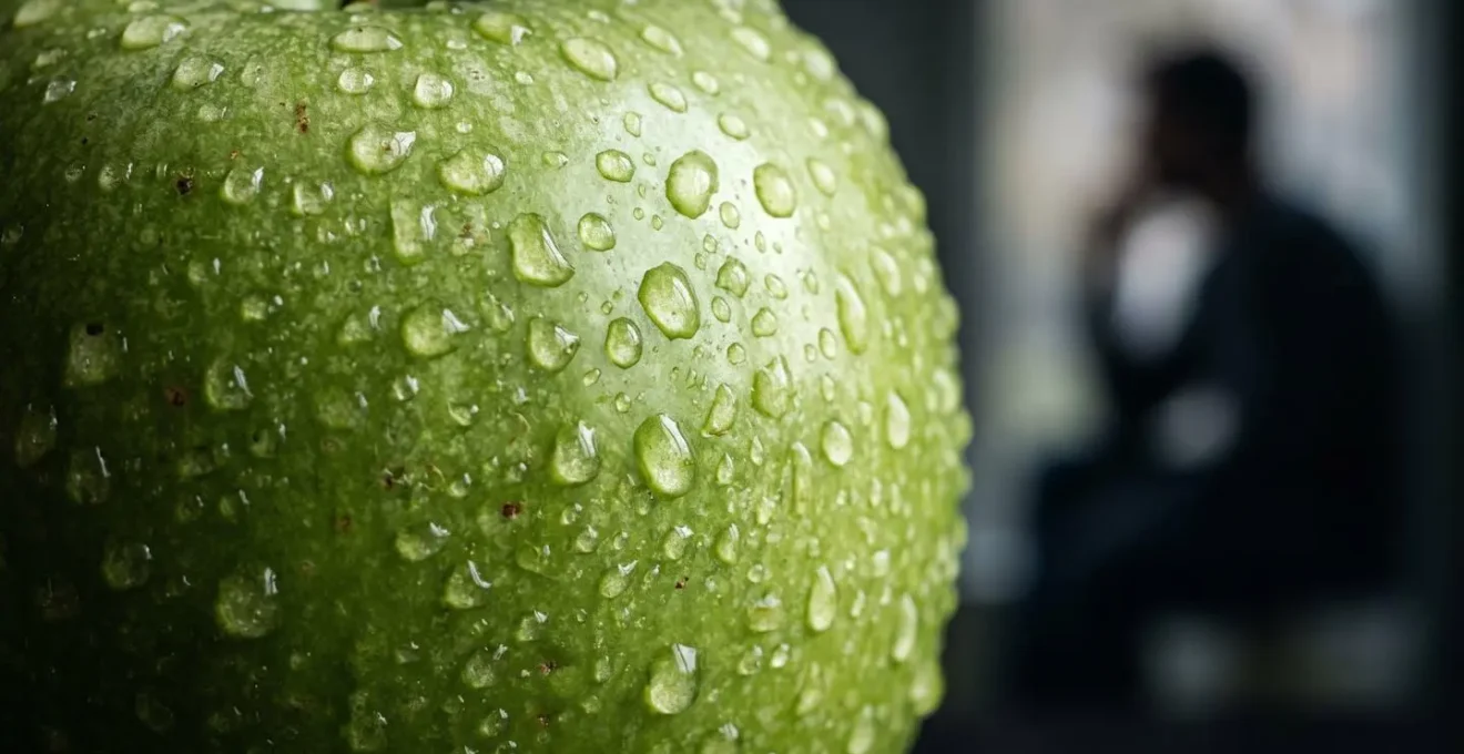 Manzana verde en primer plano con persona difuminada al fondo tomando una decisión sobre sus antojos