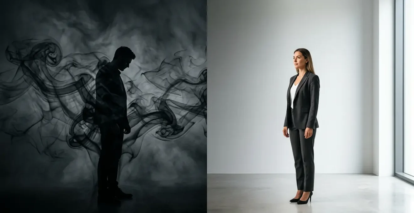 Transformación visual de una persona rompiendo cadenas de humo hacia la libertad