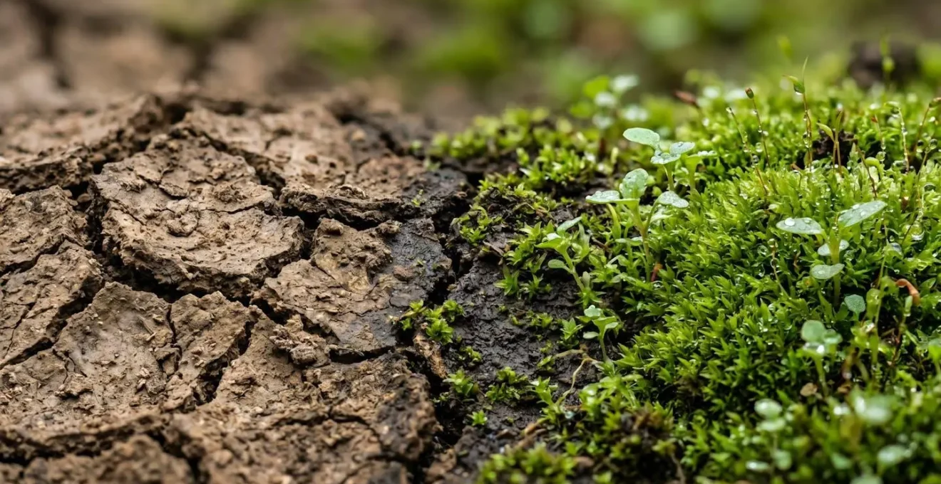 Transformación visual de la microbiota intestinal de un terreno árido y agrietado a un jardín floreciente y verde.
