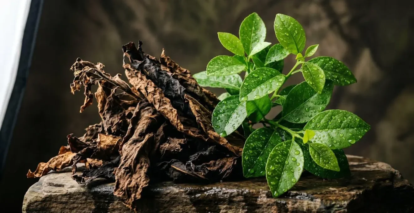 Composición simbólica de transformación mental con elementos naturales representando el rechazo al tabaco