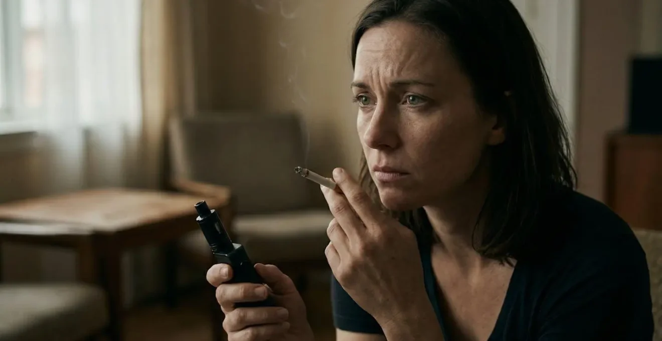 Persona en proceso de transición del tabaco al vapeo, con elementos visuales de liberación progresiva