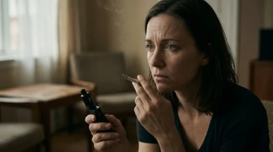 Persona en proceso de transición del tabaco al vapeo, con elementos visuales de liberación progresiva