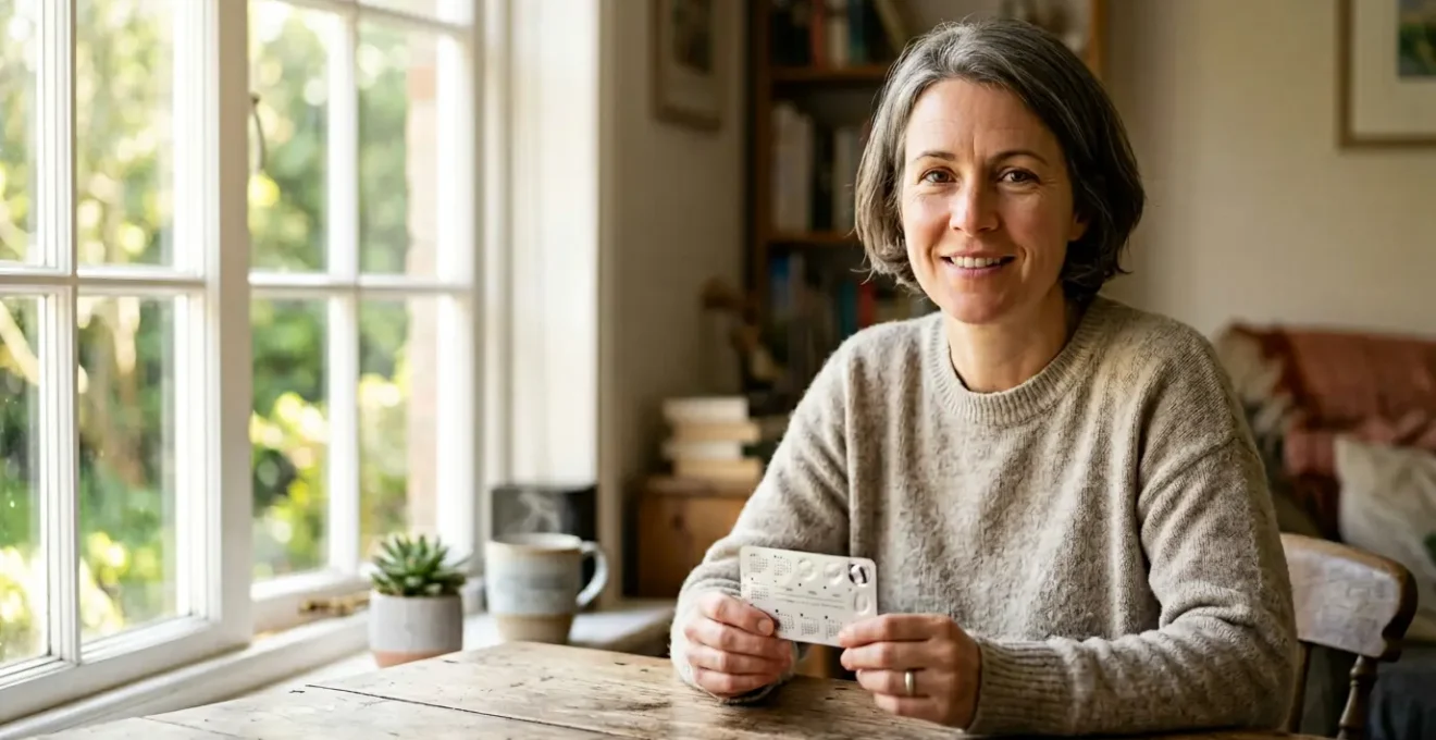 Persona con determinación sosteniendo un blíster de medicamento para dejar de fumar