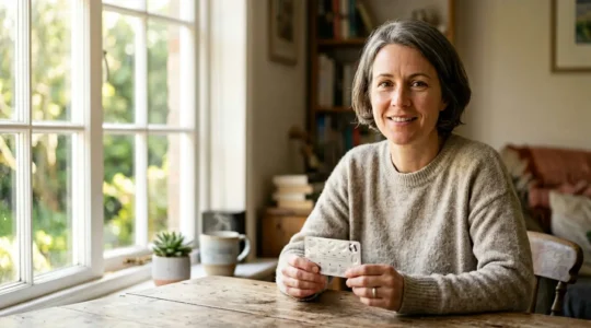 Persona con determinación sosteniendo un blíster de medicamento para dejar de fumar