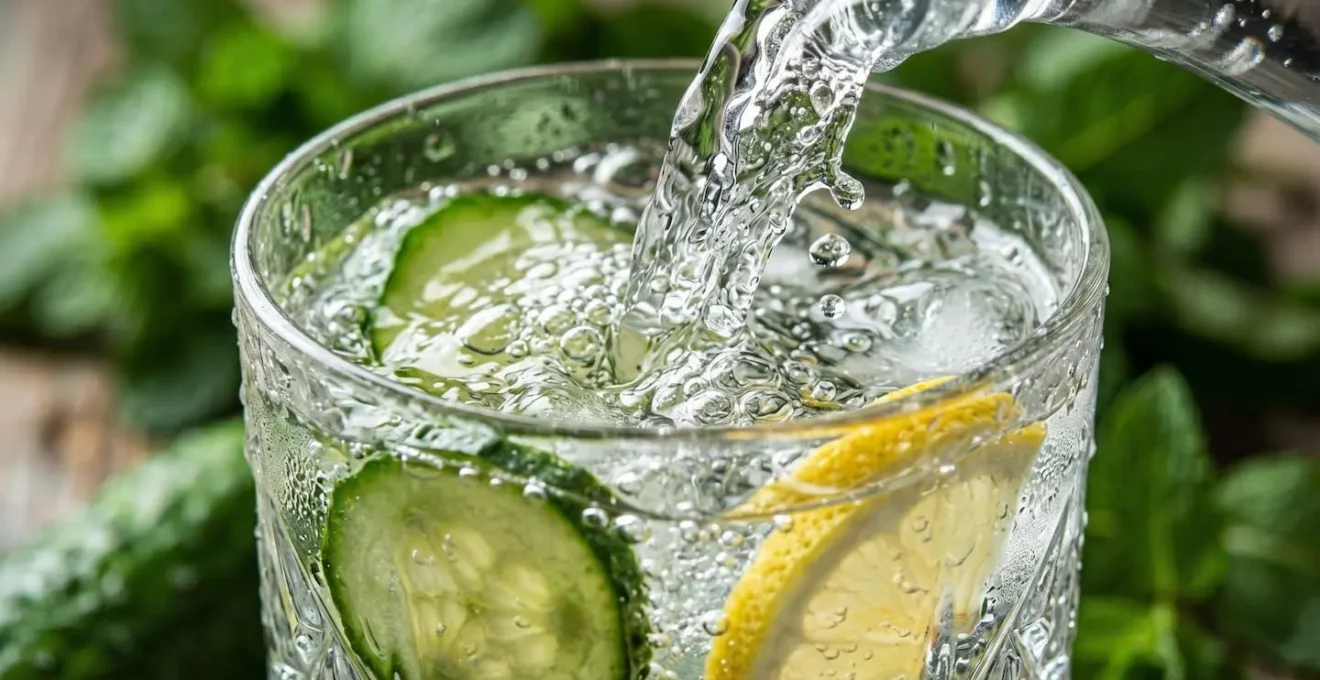Jarra de agua con rodajas de limón y pepino junto a vasos llenos sobre mesa de madera