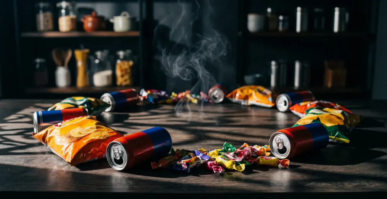 Mesa con alimentos ultraprocesados y humo sutil representando el vínculo con el tabaco