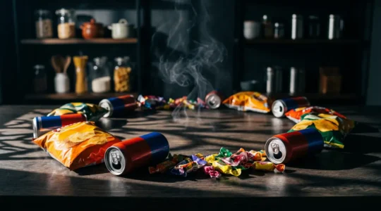 Mesa con alimentos ultraprocesados y humo sutil representando el vínculo con el tabaco